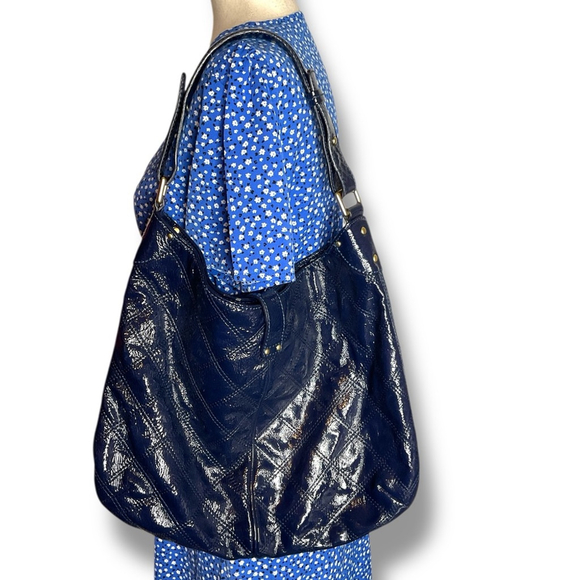 J.Crew Blue Quilted Patent Leather Buckle Close Shoulder Back Size Medium - Picture 4 of 9